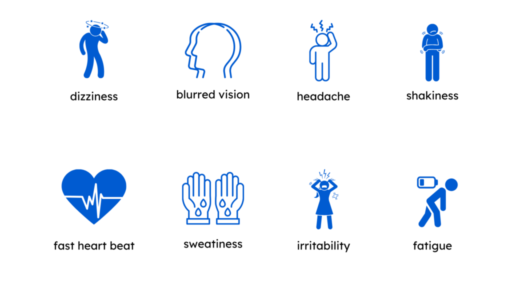 dizziness, blurred vision, headache, shakiness, fast heart beat, sweatiness, irritability, fatigue