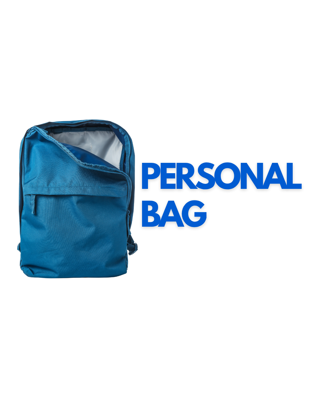 photo 1: blue backpack open with caption "personal bag"