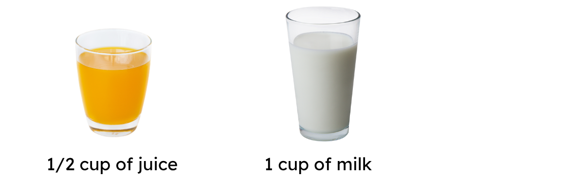 photo 1: 1/2 cup of juice
photo 2: 1 cup of milk
